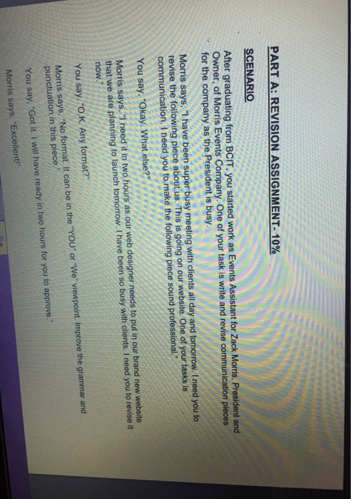 PART A: REVISION ASSIGNMENT- 10% SCENARIO After