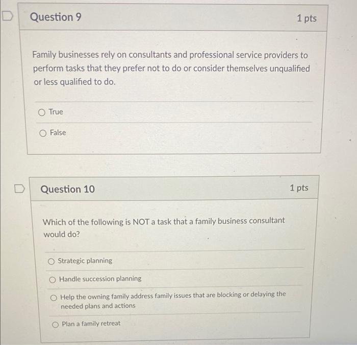 9/10 Question 9 1 pts Family businesses rely on