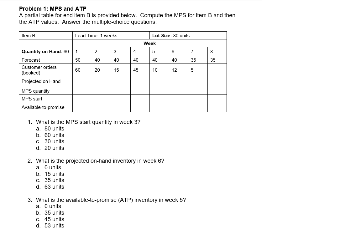 Problem 1: MPS and ATP A partial table for end