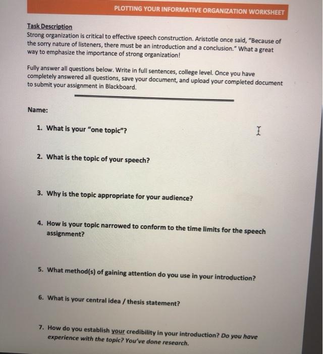 PLOTTING YOUR INFORMATIVE ORGANIZATION WORKSHEET