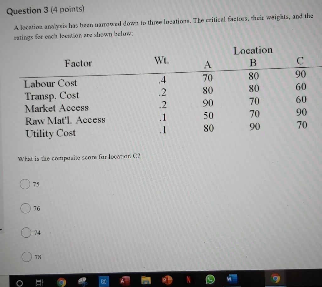 Question 3 (4 points) A location analysis has