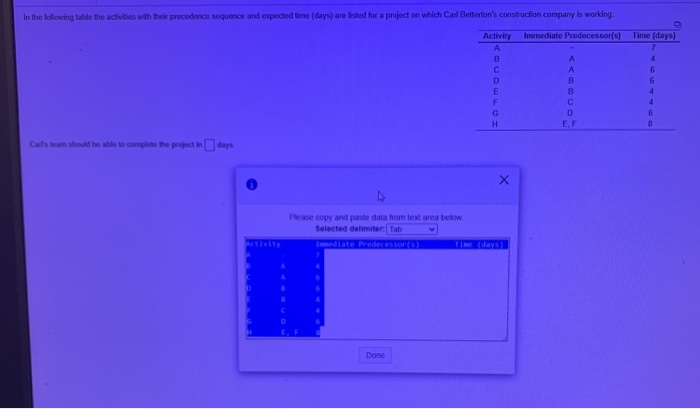 in the following table the activities with their