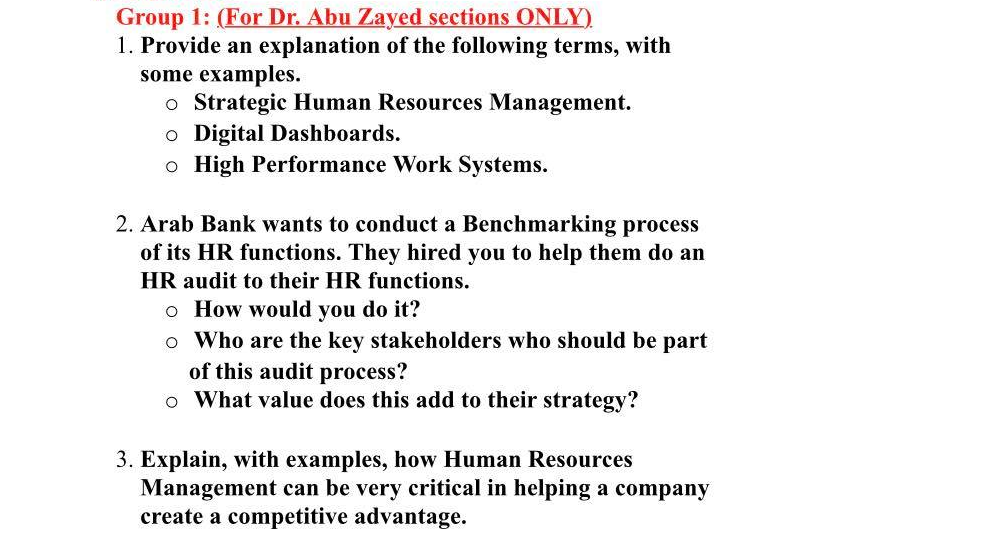 Group 1: (For Dr. Abu Zayed sections ONLY) 1.