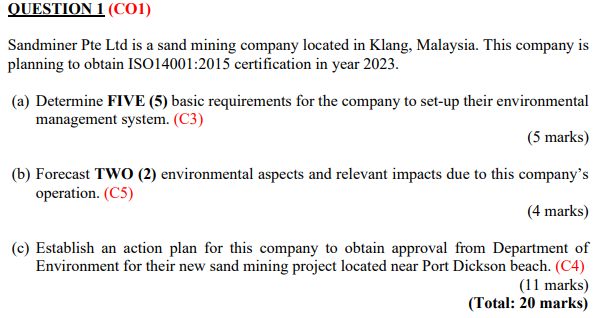 QUESTION 1 (C01) Sandminer Pte Ltd is a sand