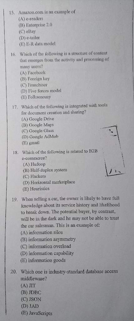 15. Amazon.com is an example of (A) e-readers (B)