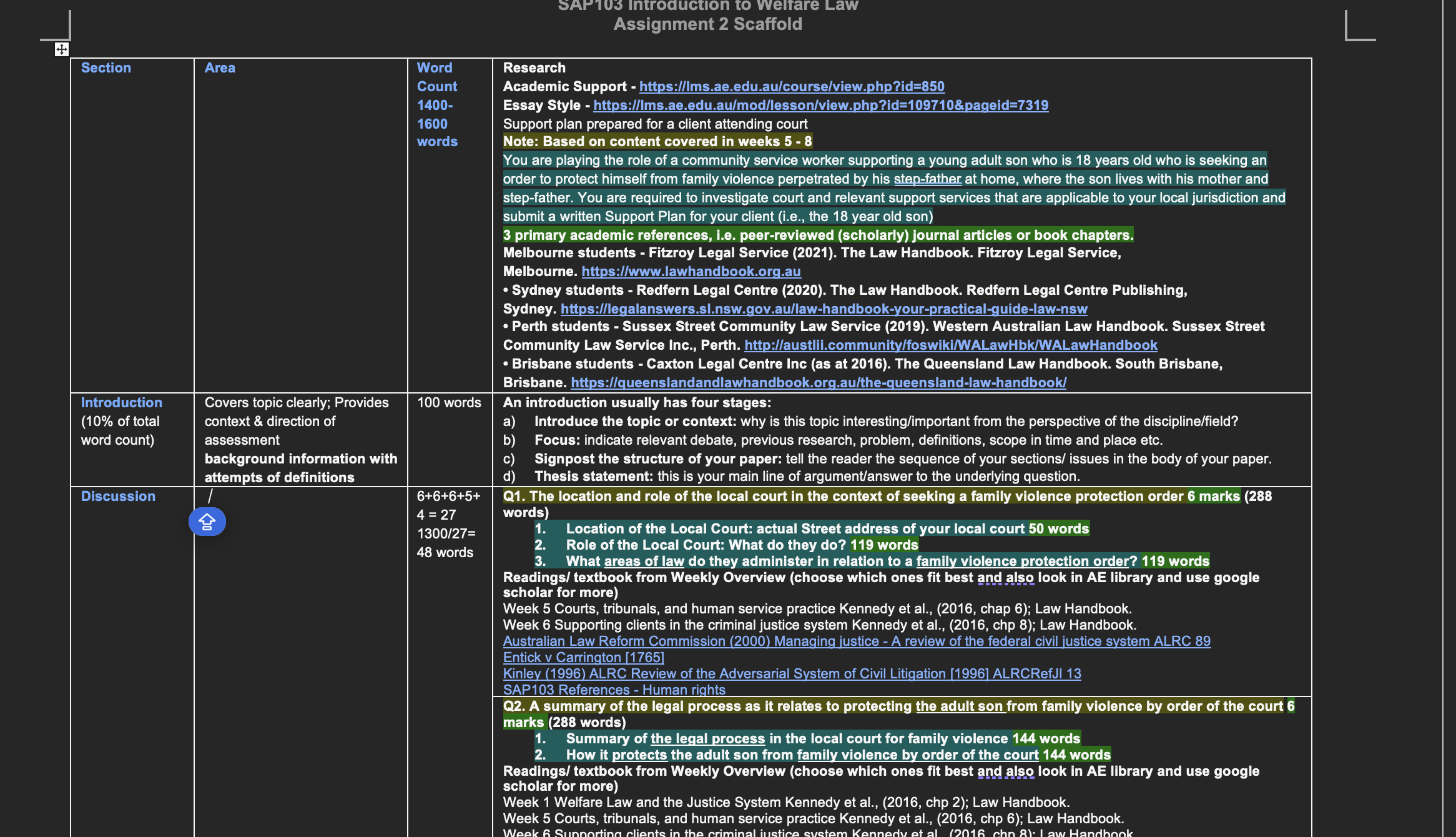 Section Area Word Count 1400-1600 words Research
