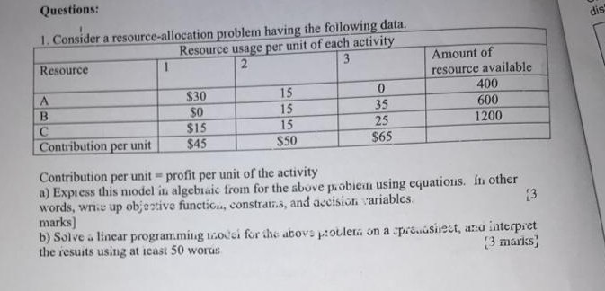 Questions: 1. Consider a resource-allocation