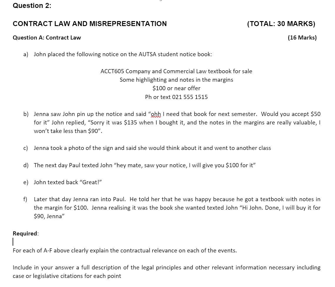 Question 2: CONTRACT LAW AND MISREPRESENTATION
