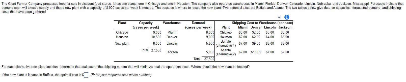 For each alternative new plant location,
