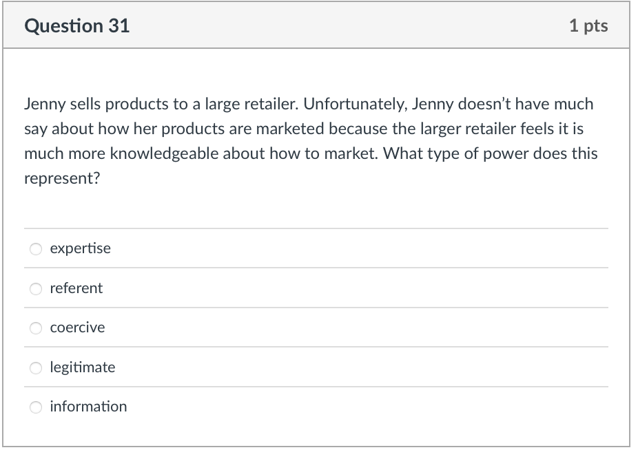Question 31 1 pts Jenny sells products to a large