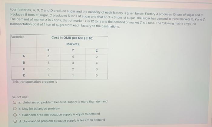 Four factories, A, B, C and D produce sugar and