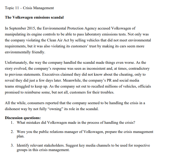 Topic 11 - Crisis Management The Volkswagen