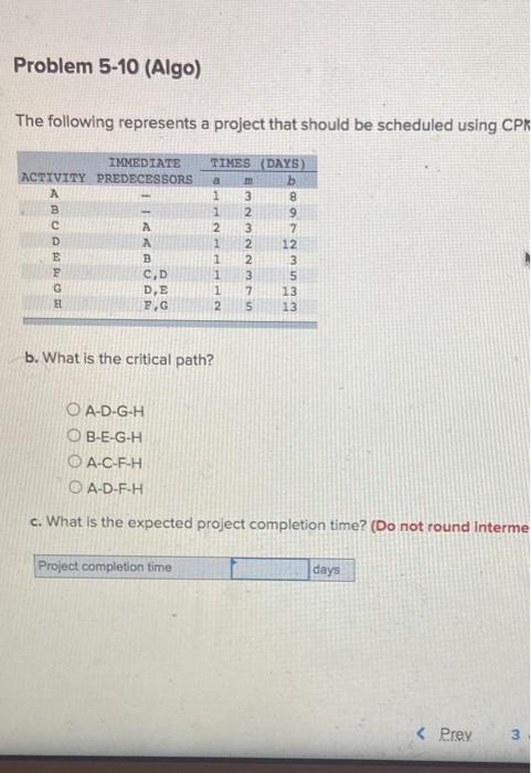 Problem 5-7 (Algo) The following activities are