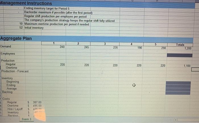 Management Instructions Ending inventory target