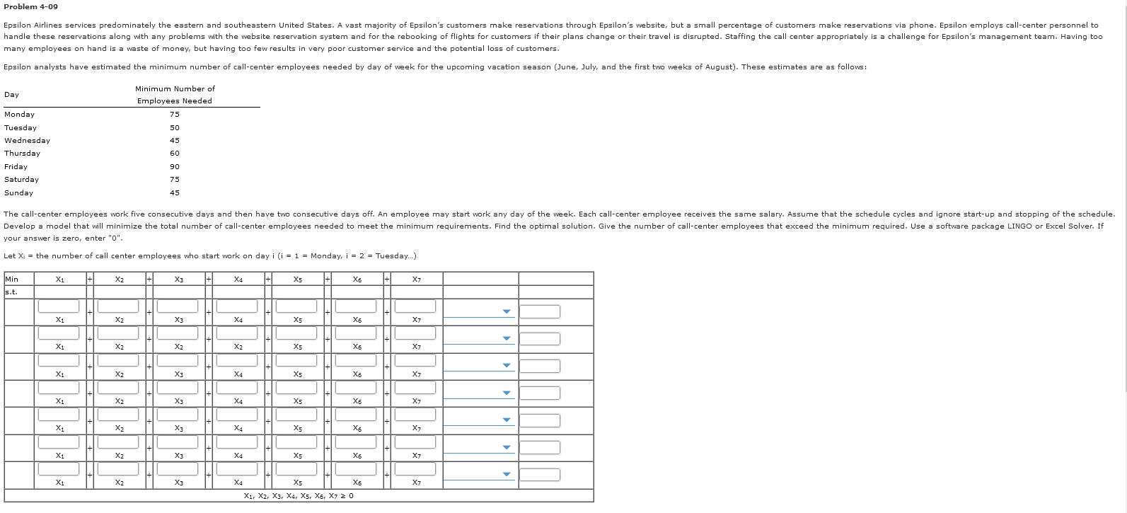 Problem 4-09 Epsilon Airlines services