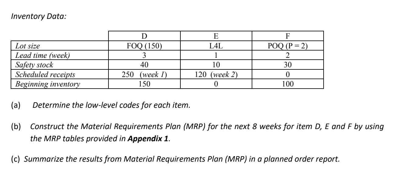Question 1 Consider the following master