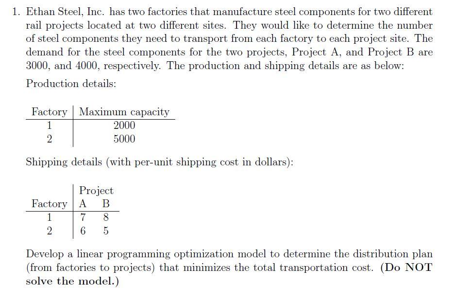 1. Ethan Steel, Inc. has two factories that