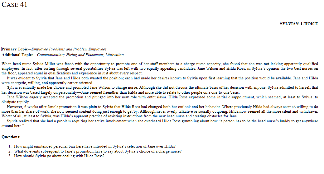 Answer for Question 3 CASE 41 SYLVIA'S CHOICE