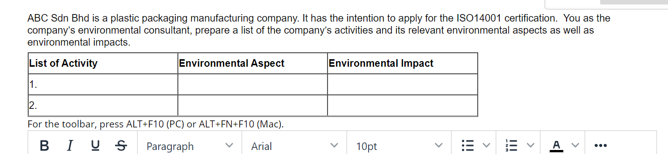 ABC Sdn Bhd is a plastic packaging manufacturing