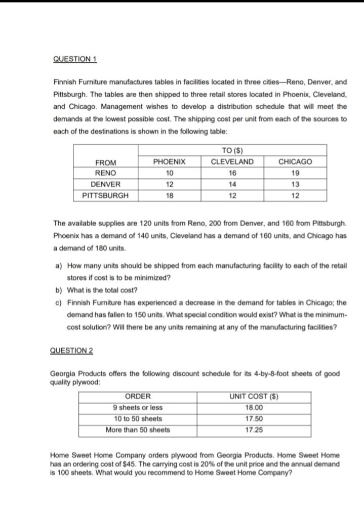 QUESTION 1 Finnish Furniture manufactures tables
