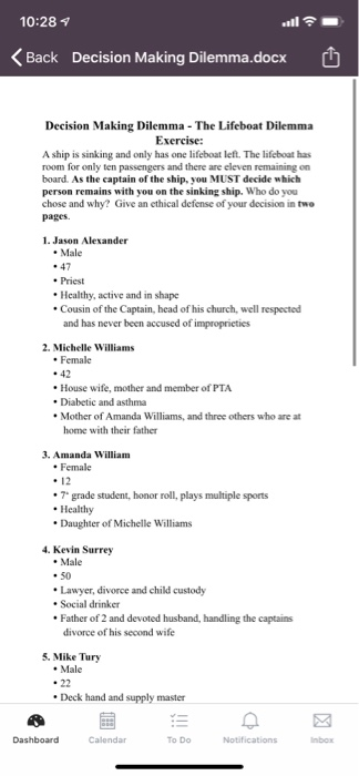10:28 4 < Back Decision Making Dilemma.docx 6