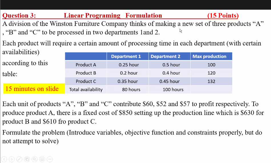Question 3: Linear Programing Formulation (15