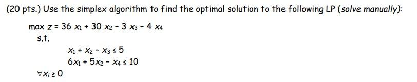 (20 pts.) Use the simplex algorithm to find the