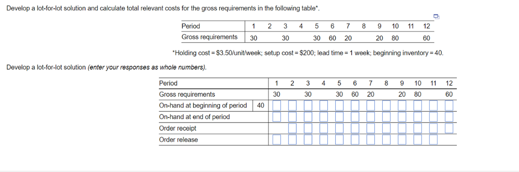 Develop a lot-for-lot solution and calculate