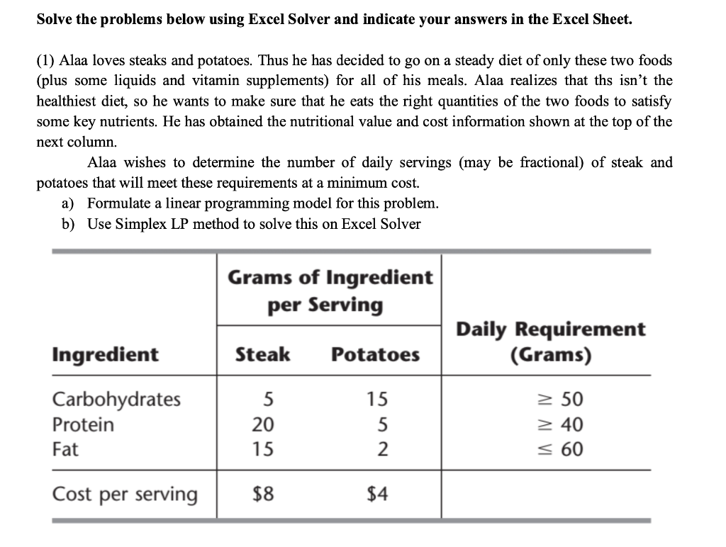 Solve the problems below using Excel Solver and