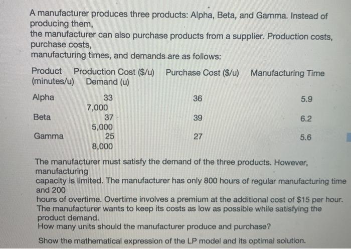 A manufacturer produces three products: Alpha,