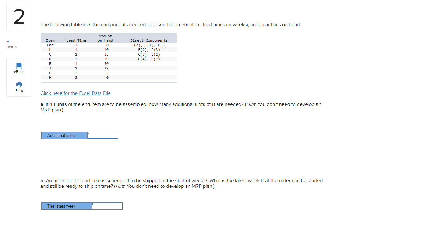 2 The following table lists the components needed