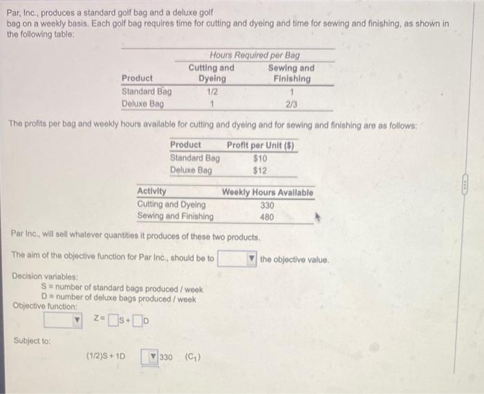 Par, Inc. produces a standard golf bag and a