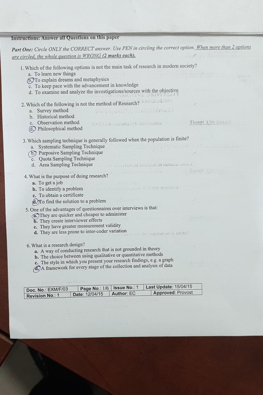 Instructions: Answer all Questions on this paper
