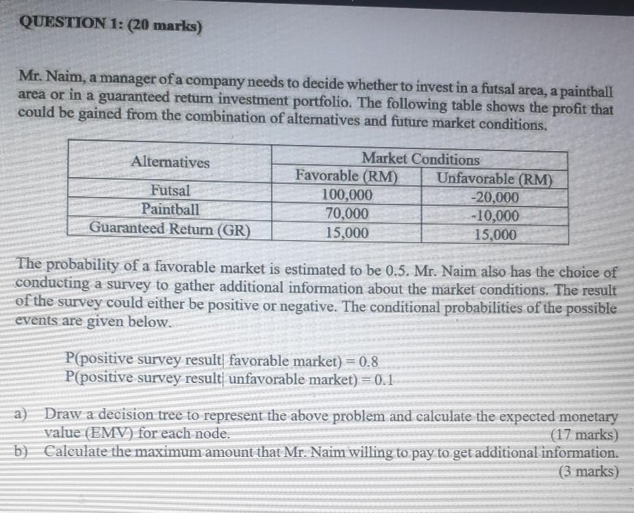 Operational research QUESTION 1: (20 marks) Mr.