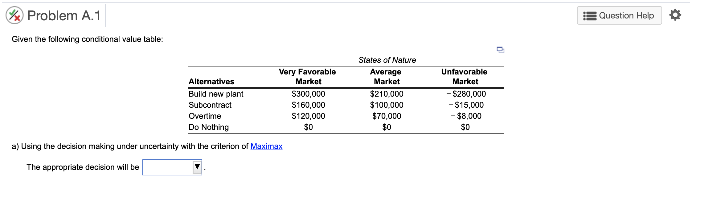 b) Using the decision making under uncertainty