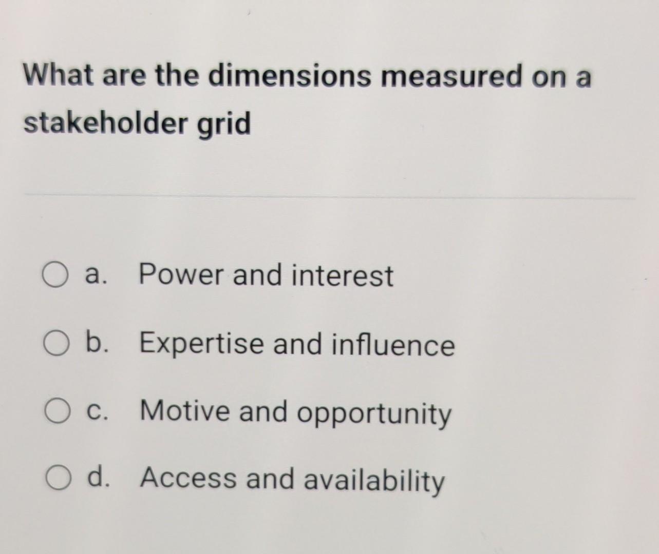 What are the dimensions measured on a stakeholder