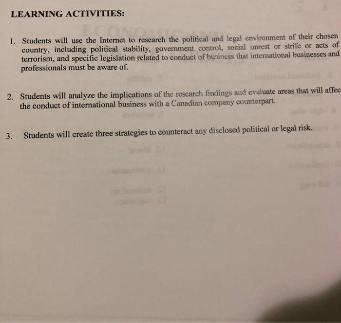 LEARNING ACTIVITIES: 1. Students will use the