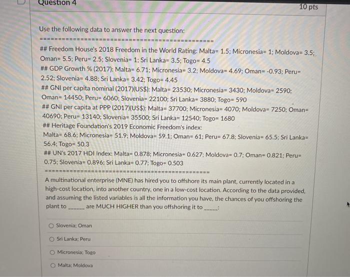 Question 4 10 pts Use the following data to