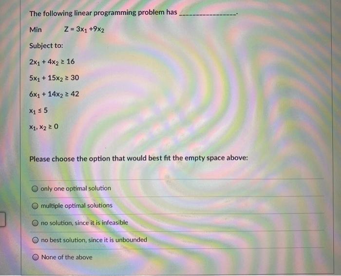 The following linear programming problem has Min