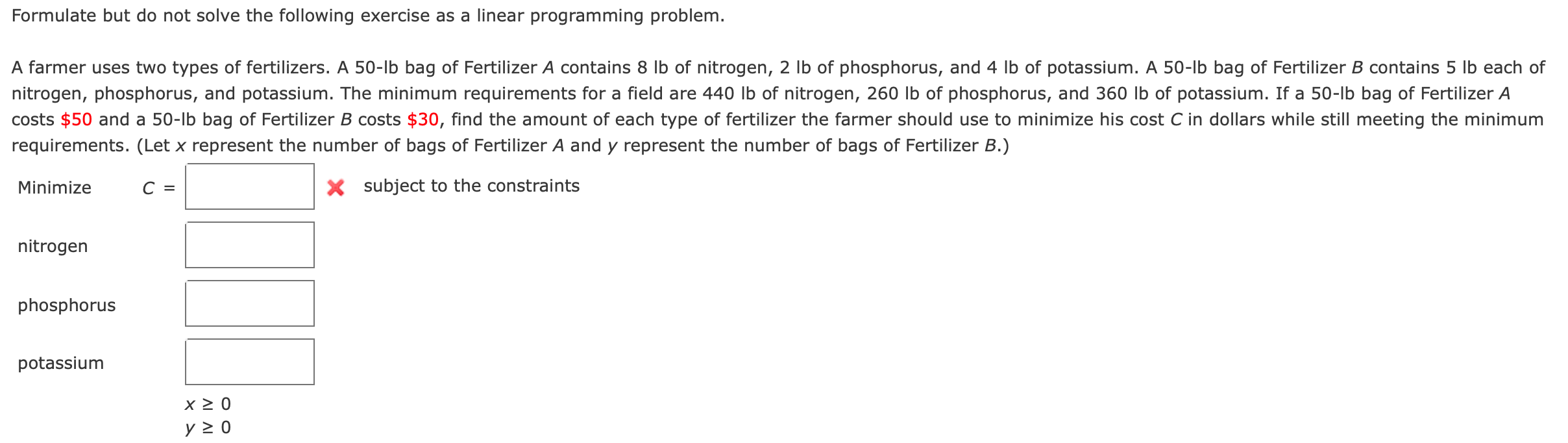 Formulate but do not solve the following exercise