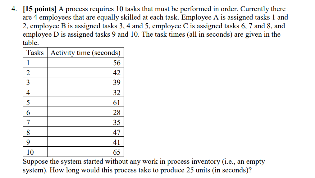 4. [15 points] A process requires 10 tasks that