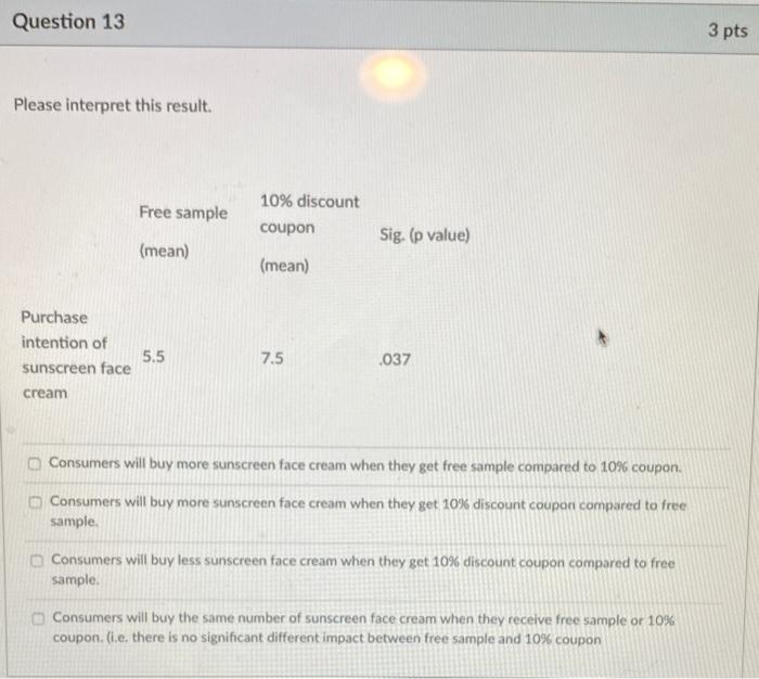 Question 13 3 pts Please interpret this result.