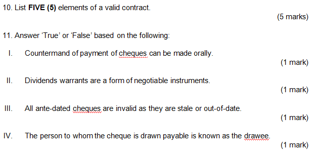 10. List FIVE (5) elements of a valid contract.