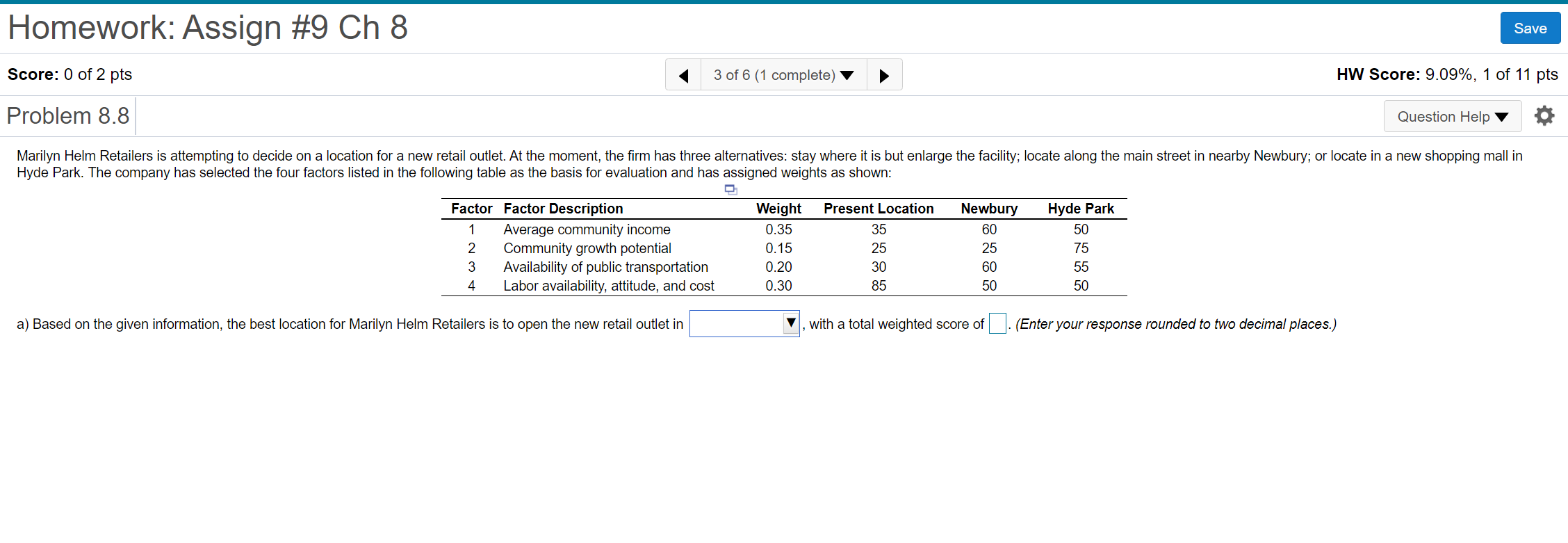 cfvf null Homework: Assign #9 Ch 8 Save Score: 0