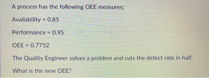 A process has the following OEE measures;