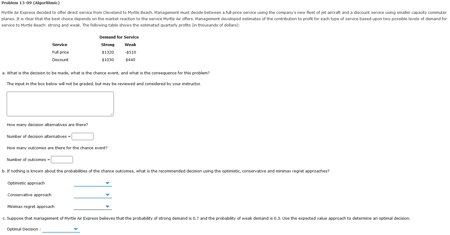 Problem 13-09 (Algorithmic) Myrtle Air Express