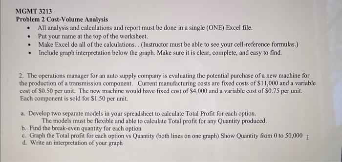 MGMT 3213 Problem 2 Cost-Volume Analysis - All