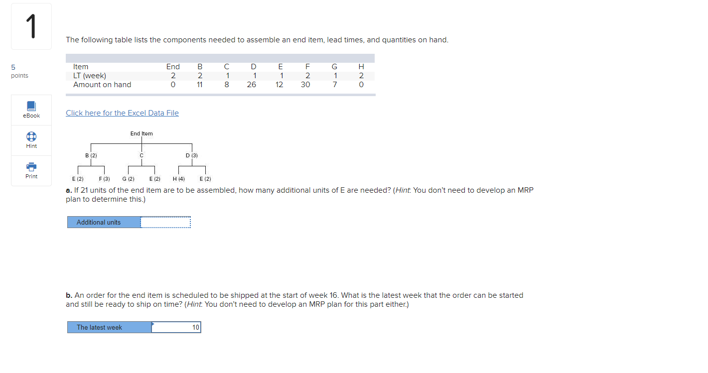1 The following table lists the components needed