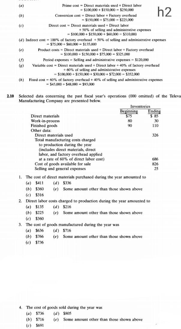 h2 (a) Prime cost = Direct materials used +