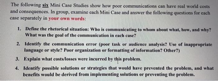 The following six Mini Case Studies show how poor